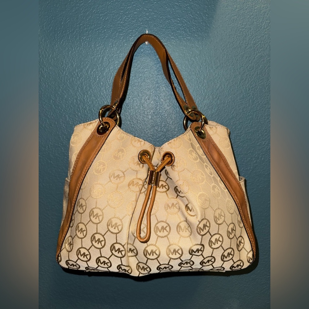 Michael Kors Signature Logo Jacquard Shoulder Bag – Tan/Brown